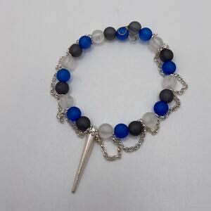 Handmade Silver Spike Frosted Beads Silver Tone Chain Memory Wire Bracelet